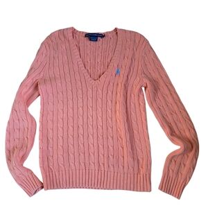 Ralph Lauren Sport Peach Cable Knit V Neck Sweater With Logo Size M